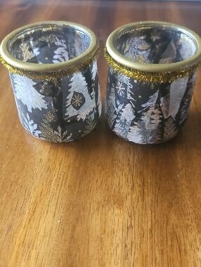 Festive Black & Gold Pine Tree Decopaged Jars/Votive Holders - Set of 2